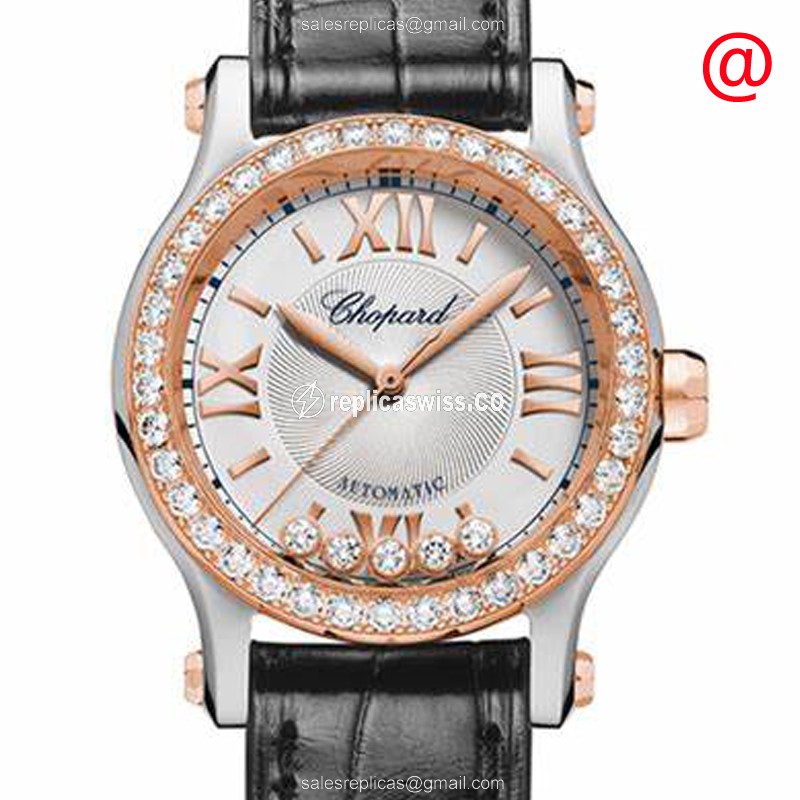 Chopard Happy Sport 278573-6015 - Auto 18kt Rose Gold Diamonds Silver Dial Black Alligator Strap